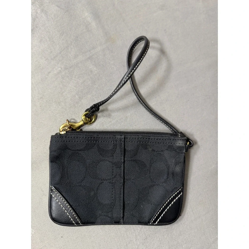 Coach Signature C Jacquard Wristlet Black Small Pouch Bag with Leather Trim